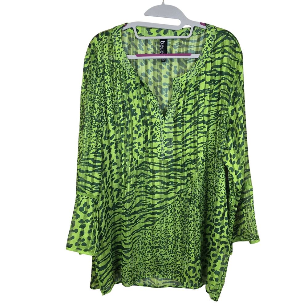 Women's Berek Semi-Sheer Green Animal Print Lightweight Blouse | Size XL